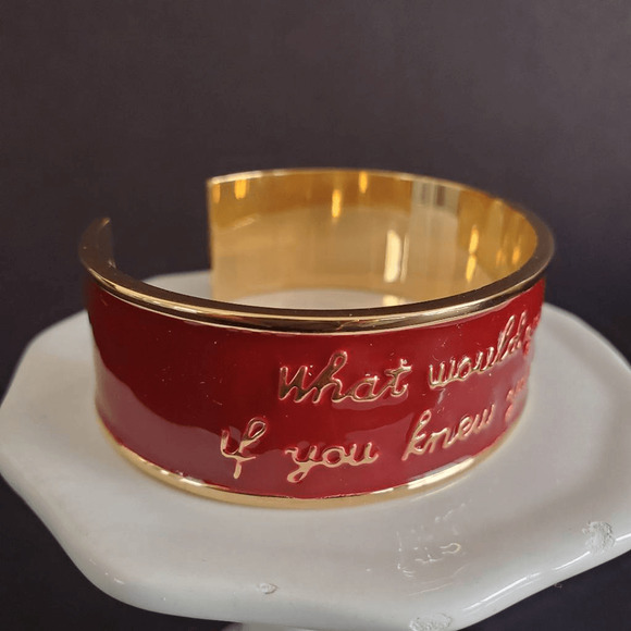Rustic Cuff Bracelet Red Enamel Gold Tone Encouraging Inspiration Motivational - Picture 3 of 11